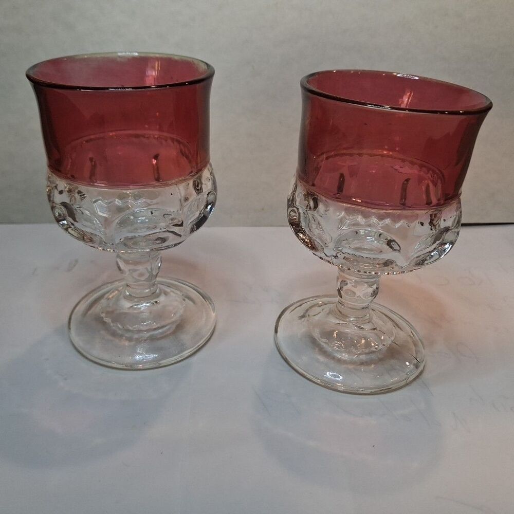 SET OF 2 KINGS CROWN THUMBPRINT  CRANBERRY STEMMED WATER GOBLETS GLASS